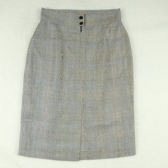Vintage Womens Straight Skirt 10 Gray Houndstooth Check Midi Pleated Classic 80s - Picture 1 of 14